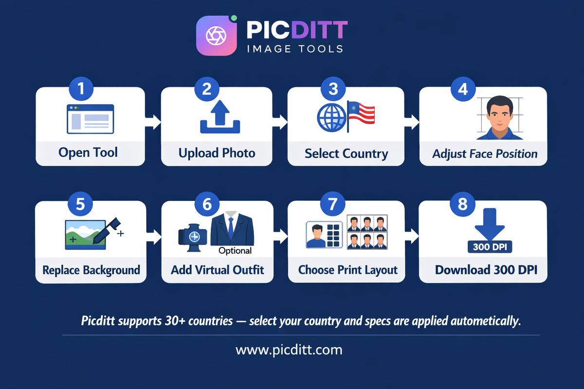 Eight step process flowchart for creating a passport photo from uploading through country selection face adjustment background replacement virtual outfit print layout and download
