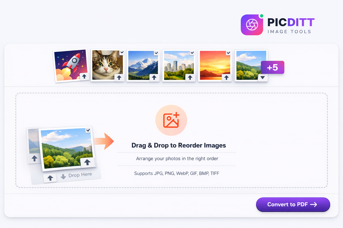 Rearranging image order in PicDitt PDF converter using drag and drop interface