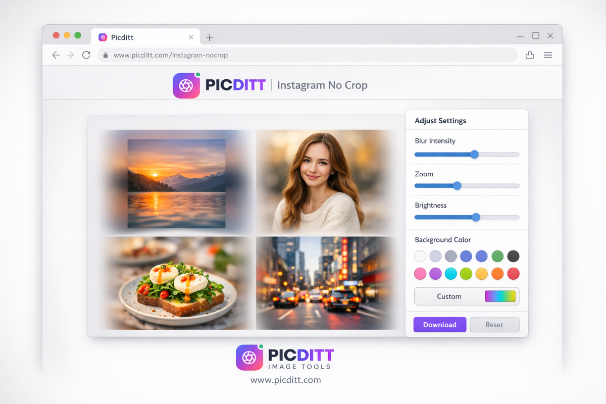 Picditt Instagram No Crop tool interface showing a landscape photo with blurred background applied and editing controls visible