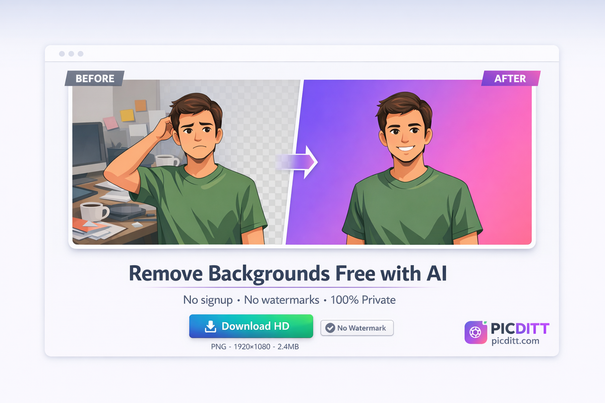 Remove image backgrounds for free with PicDitt AI background remover — no signup no watermarks 100% private