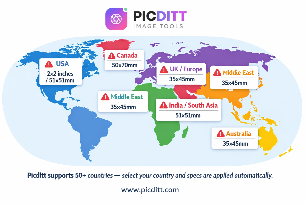World map showing passport photo size requirements for different countries and regions including USA UK Canada India Middle East and Australia