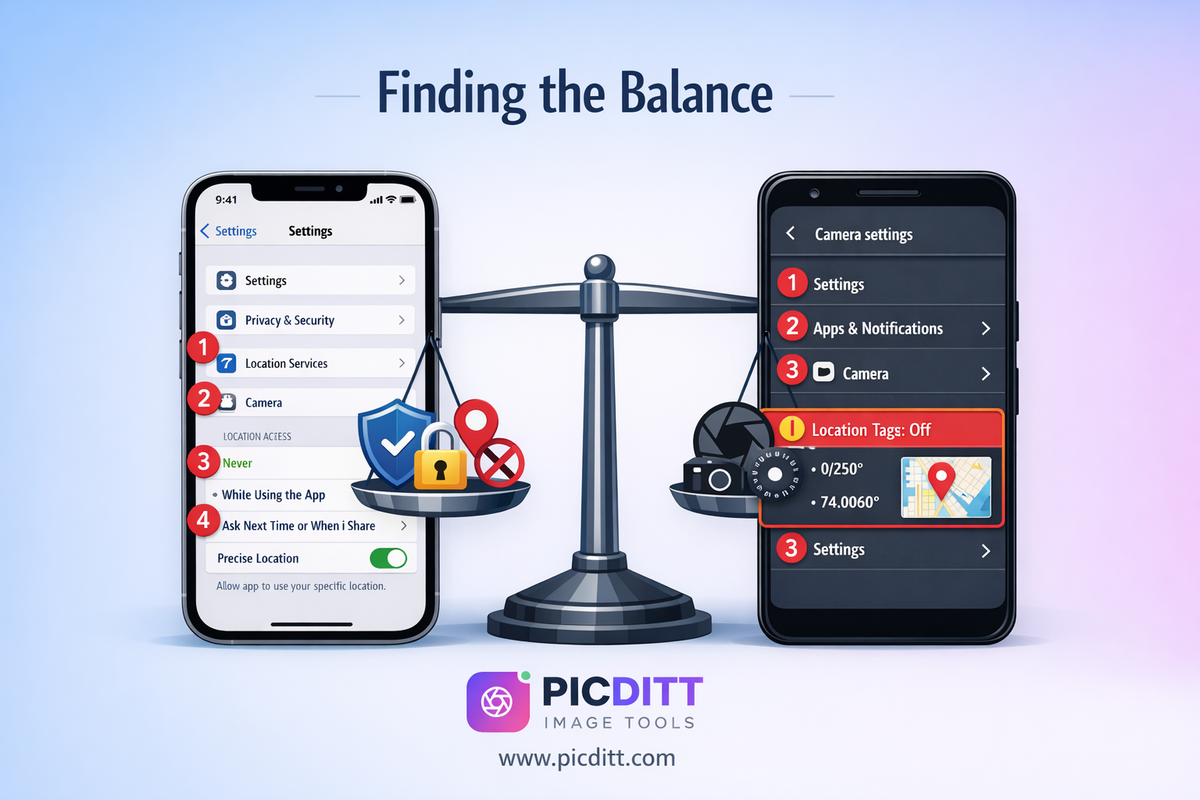 Balanced scale illustration showing privacy protection on one side and photography learning benefits of EXIF data on the other representing the need for balance