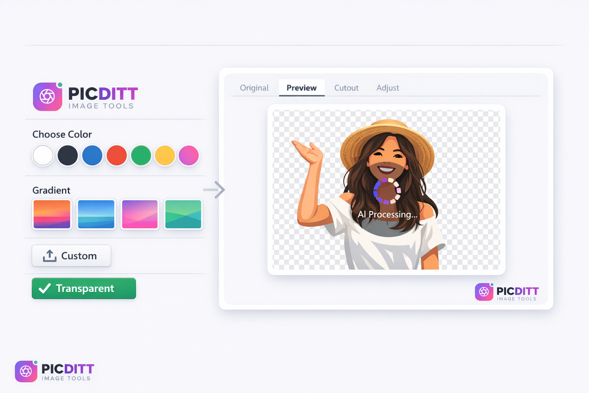 PicDitt background remover customization options showing transparent solid color gradient and custom background choices