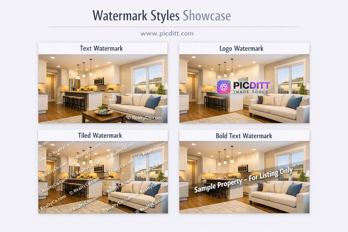 Four watermark styles applied to a real estate interior photo showing text watermark logo watermark tiled pattern and diagonal watermark examples