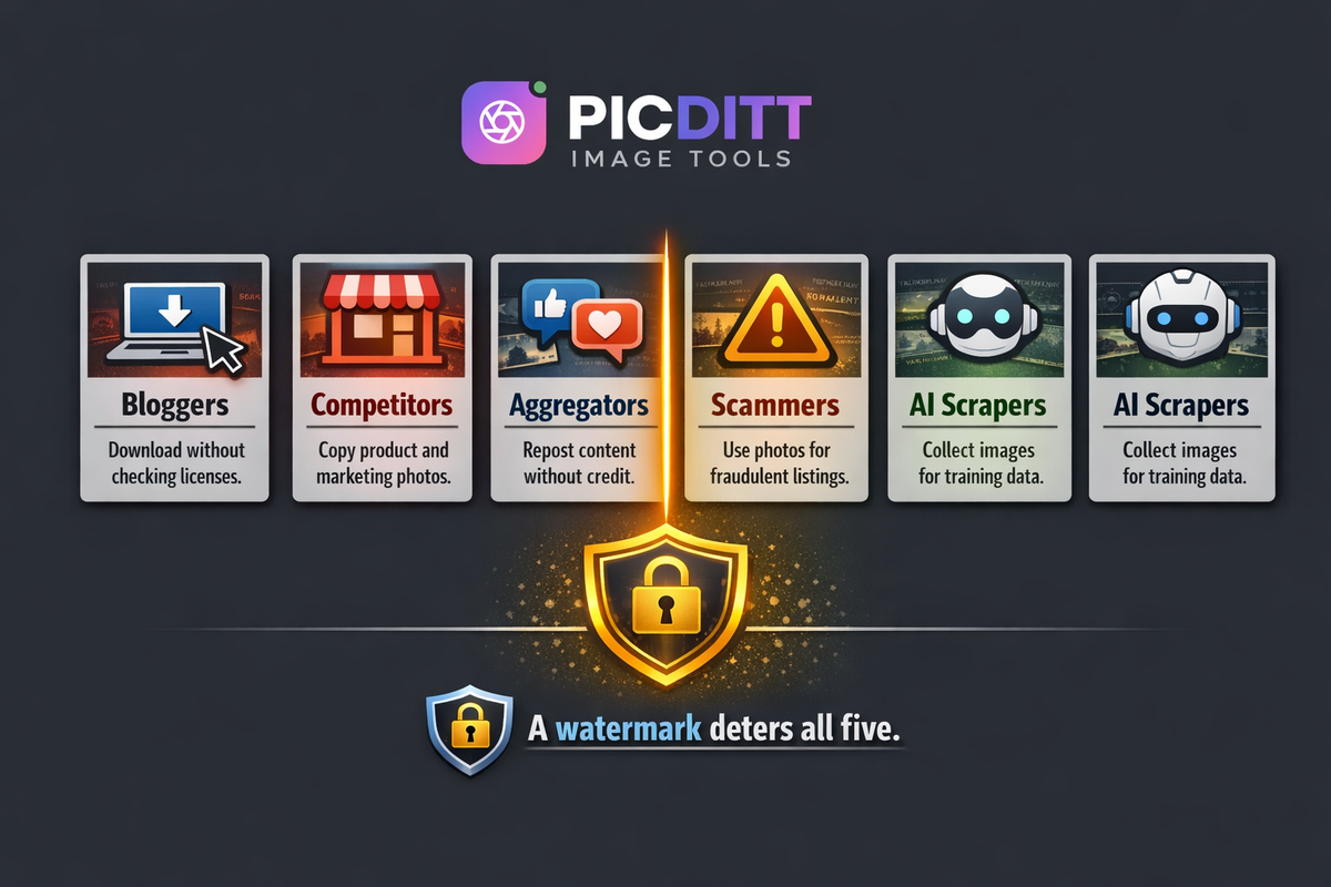 Infographic showing five types of photo thieves including bloggers competitors social media aggregators scammers and AI scrapers and how watermarks deter each