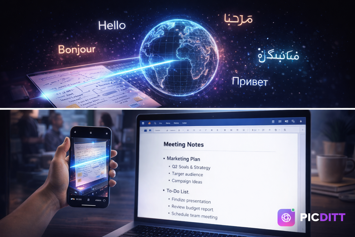 Glowing globe surrounded by greetings written in various global scripts including Arabic, Japanese, and Russian
