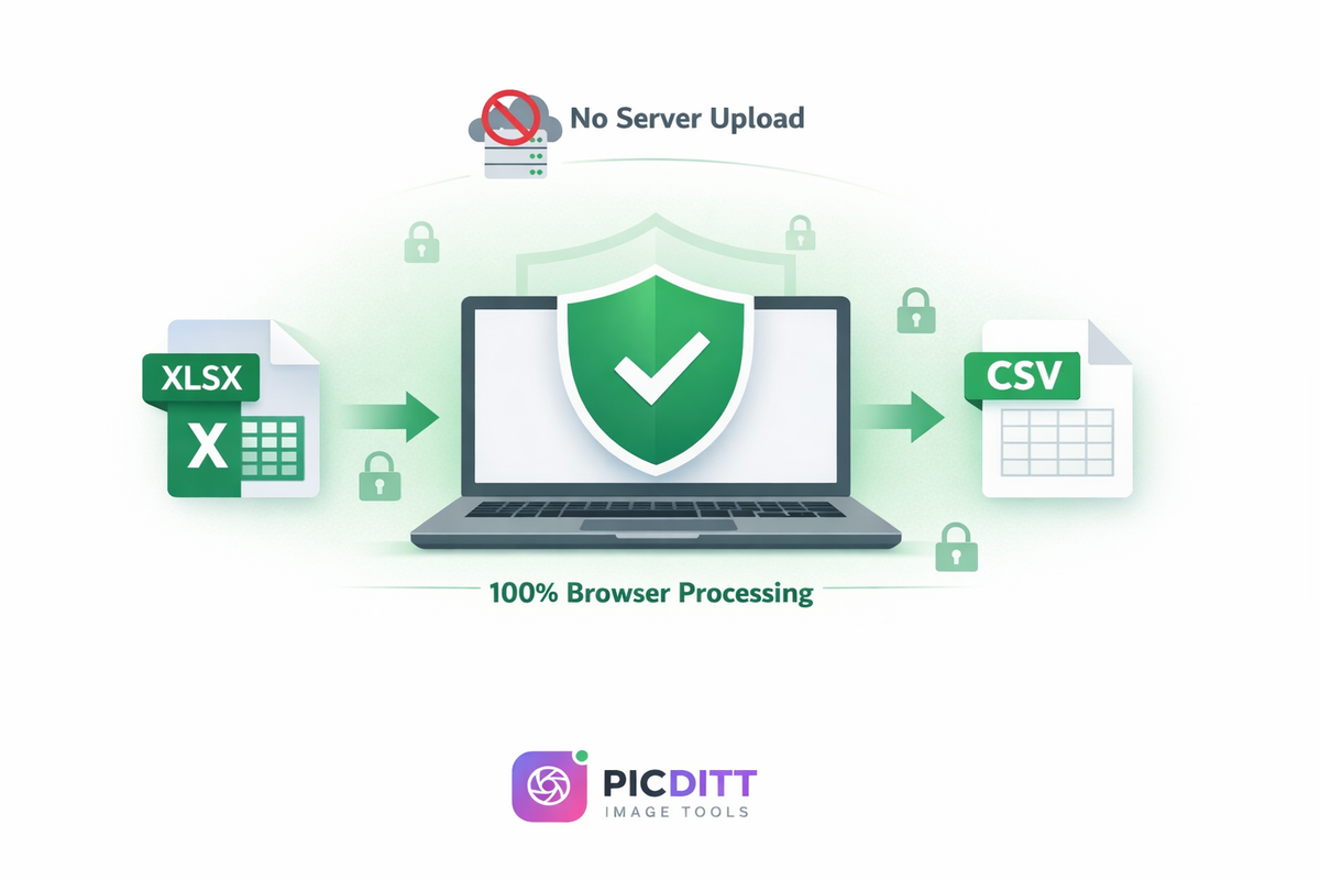 Security illustration showing Picditt XLSX to CSV converter processes Excel files locally in the browser without uploading to any server for complete data privacy