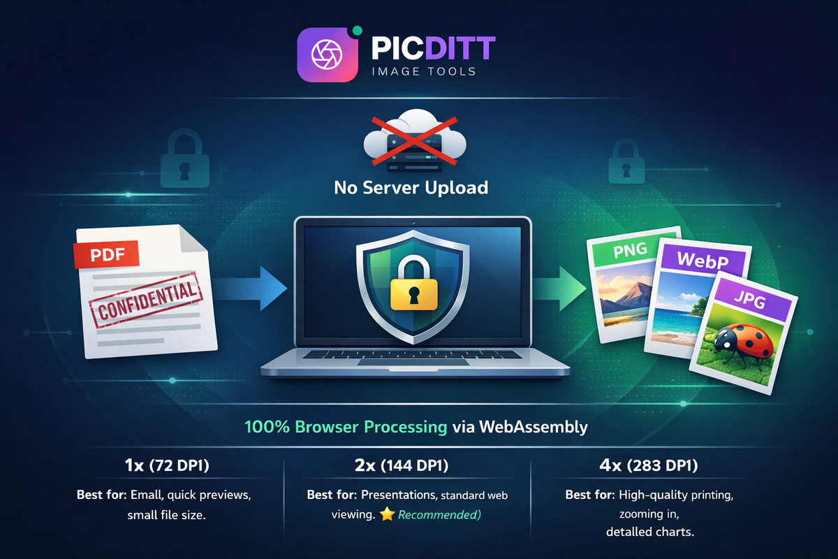 Security illustration showing Picditt PDF to image converter processes files locally in the browser using WebAssembly without uploading to any server