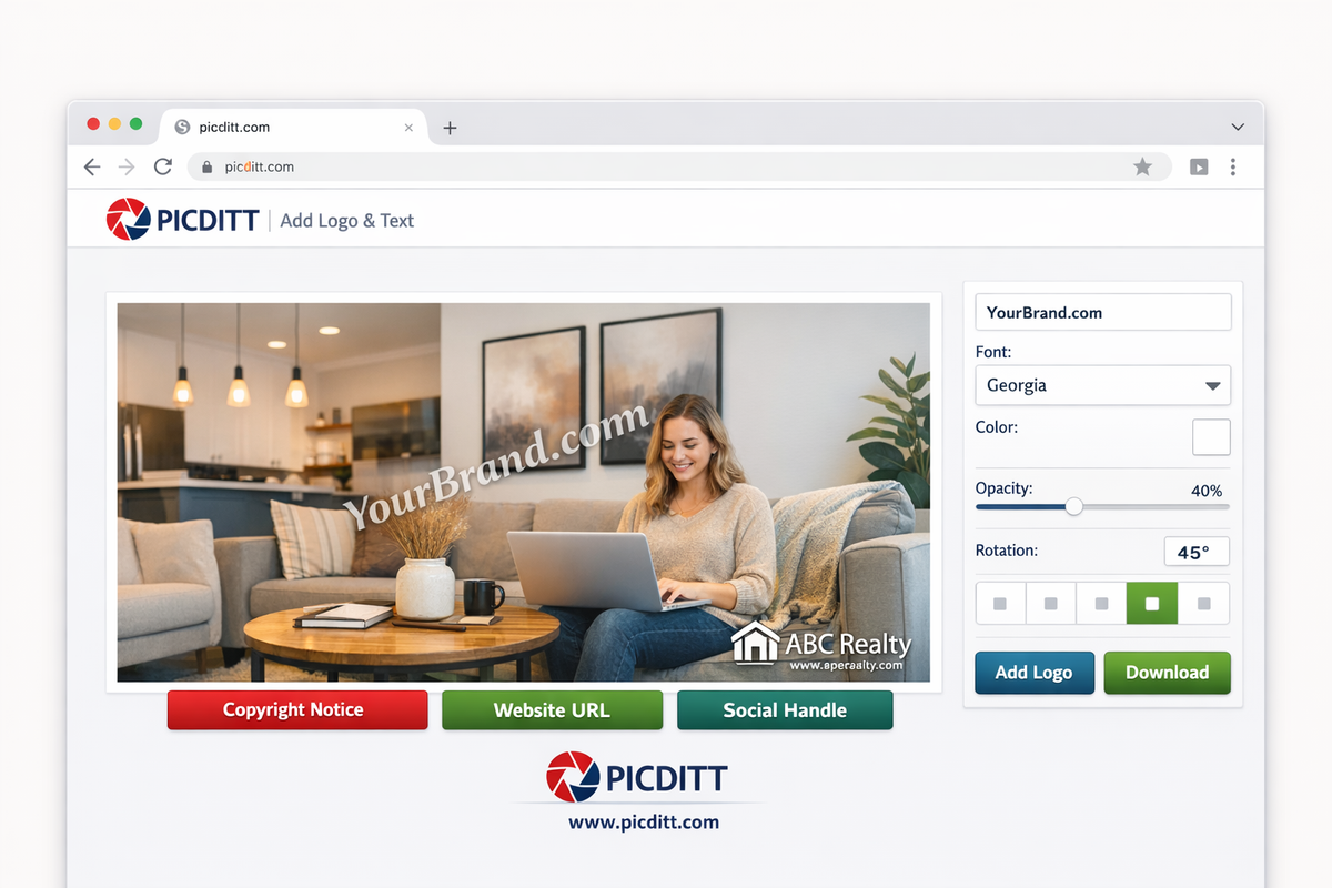 Picditt Add Logo and Text tool interface showing a photo with logo and text watermark applied alongside control panel with font color opacity and rotation settings