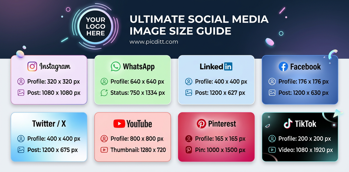 Social media image dimensions reference chart showing correct profile picture and post sizes for Instagram, WhatsApp, LinkedIn, Facebook, Twitter, YouTube, Pinterest, and TikTok