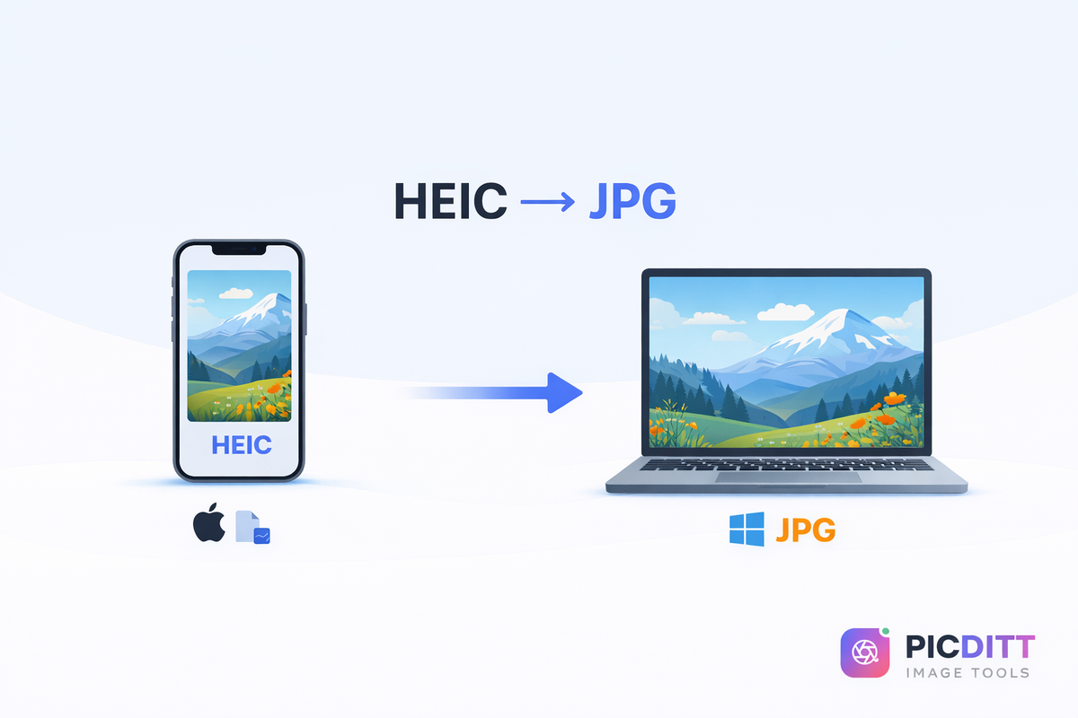 Comparison infographic showing HEIC vs JPG format differences including file size and compatibility