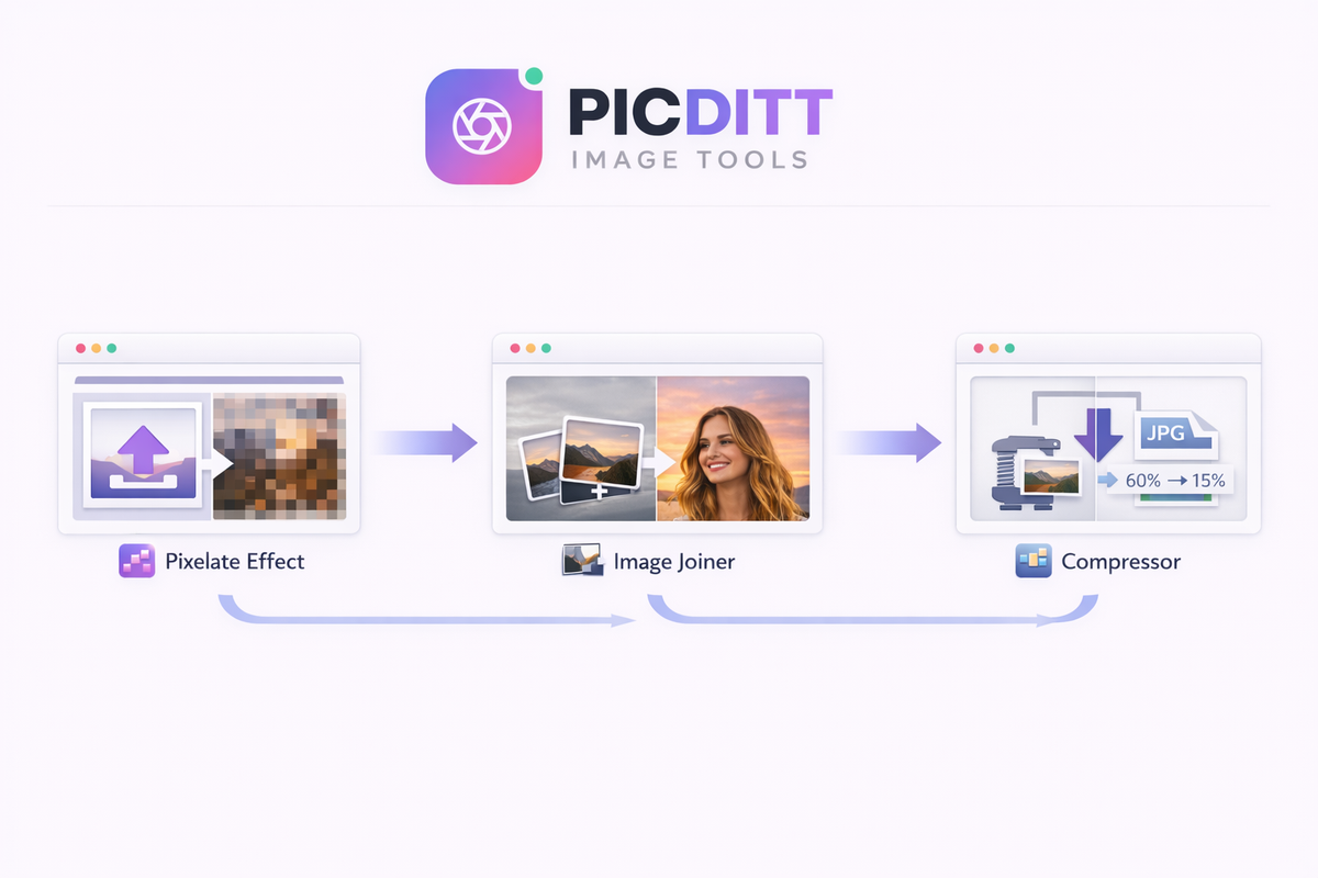 Image editing workflow using multiple tools like pixelate, join, and compress