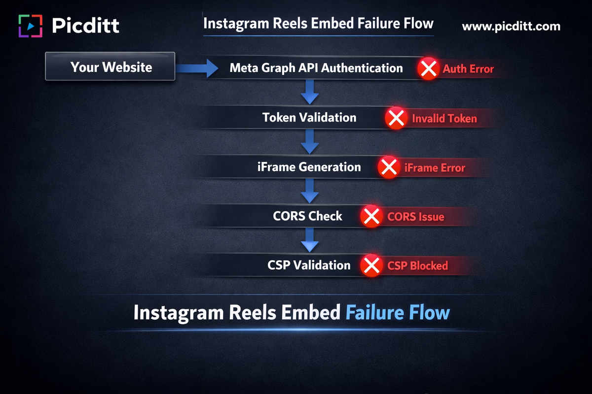 Technical flow diagram showing five potential failure points in the Instagram Reels iFrame embed process including API authentication token validation iFrame generation CORS and CSP checks