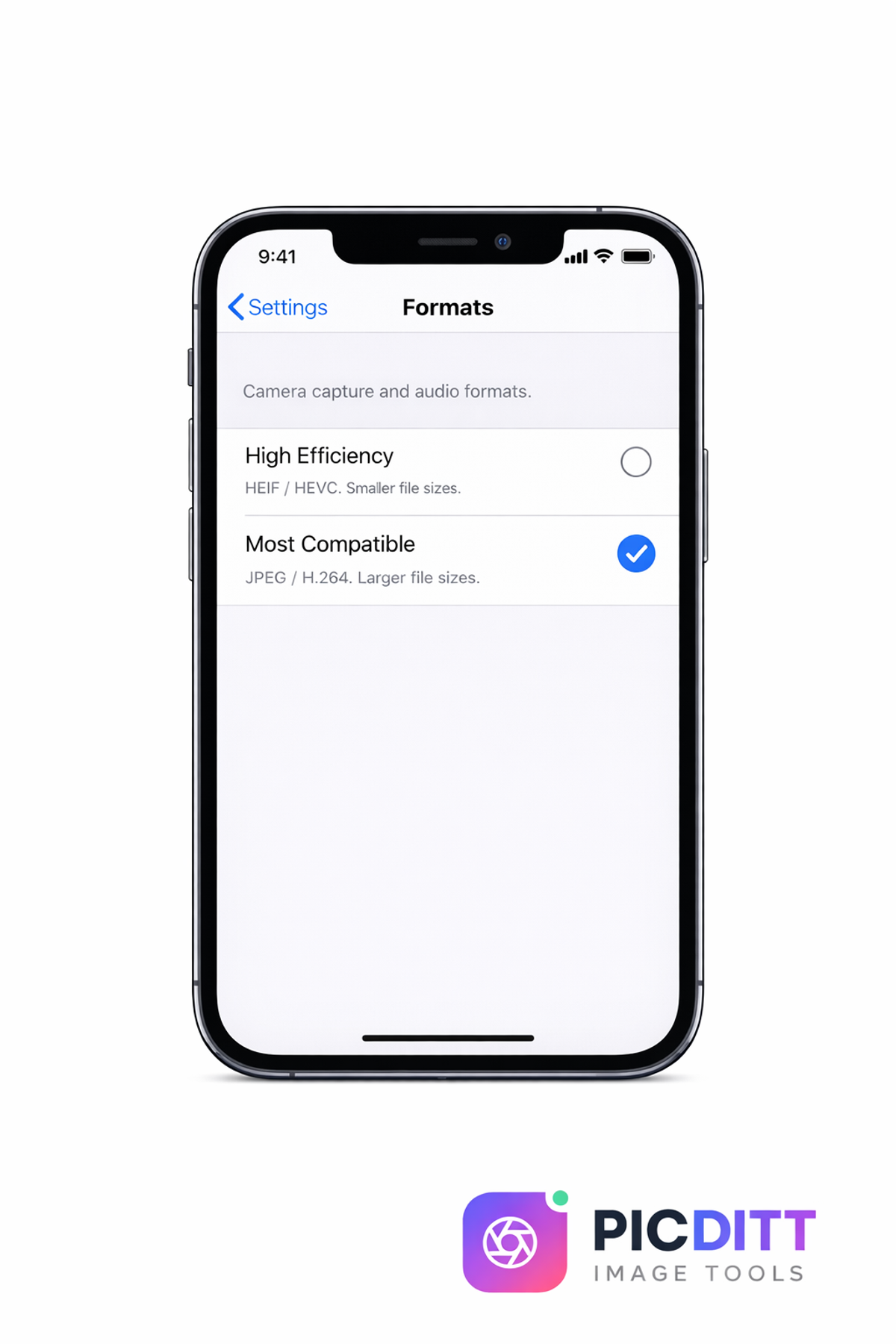 iPhone camera format settings showing how to switch from HEIC to Most Compatible JPG format