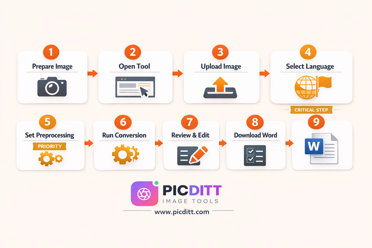 Eight step process flowchart for converting image to Word document showing preparation upload language selection preprocessing conversion review editing and downloading with language selection highlighted as critical step