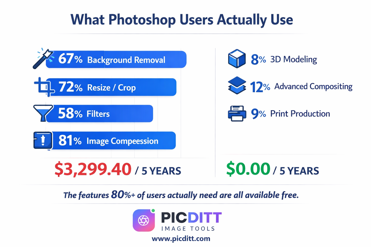 Bar chart showing what Photoshop features users actually use with basic features like resizing compression and background removal used by majority while advanced features used by minority