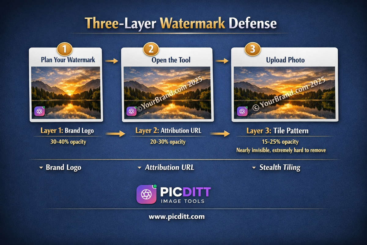 Three layer watermark defense strategy diagram showing brand logo layer attribution URL layer and tile pattern layer applied progressively to a photo for maximum protection