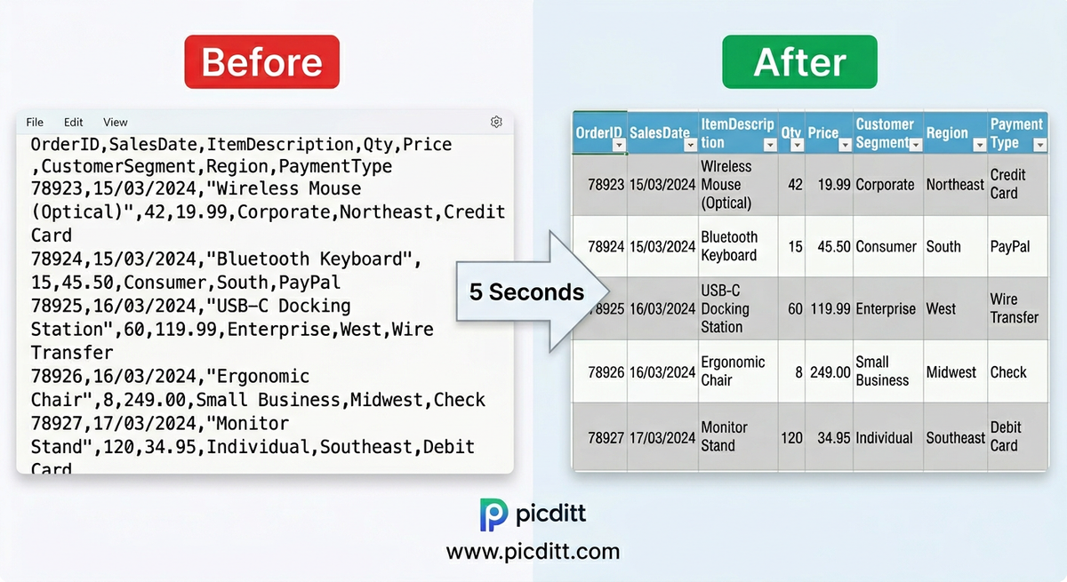 Before and after comparison showing raw comma separated text data transformed into a clean formatted Excel spreadsheet with colored headers and auto-sized columns