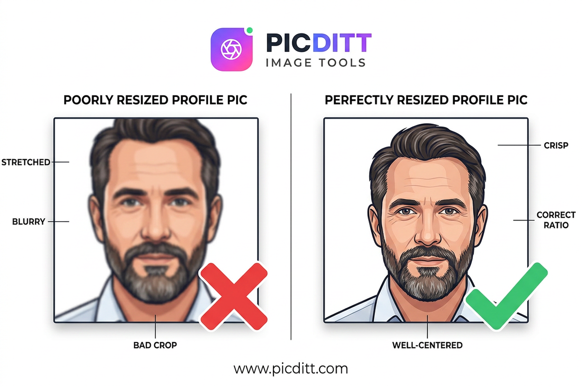 Split-screen comparison of a blurry stretched profile picture versus a correctly resized crisp profile photo