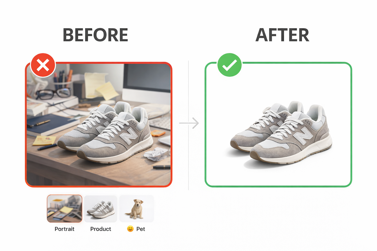 Before and after AI background removal showing messy background removed from product photo