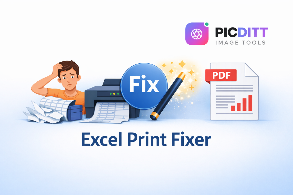 Illustration showing Excel printing problems being fixed instantly with Picditt Excel Print Fixer tool exporting to perfect PDF