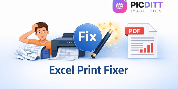 Illustration showing Excel printing problems being fixed instantly with Picditt Excel Print Fixer tool exporting to perfect PDF