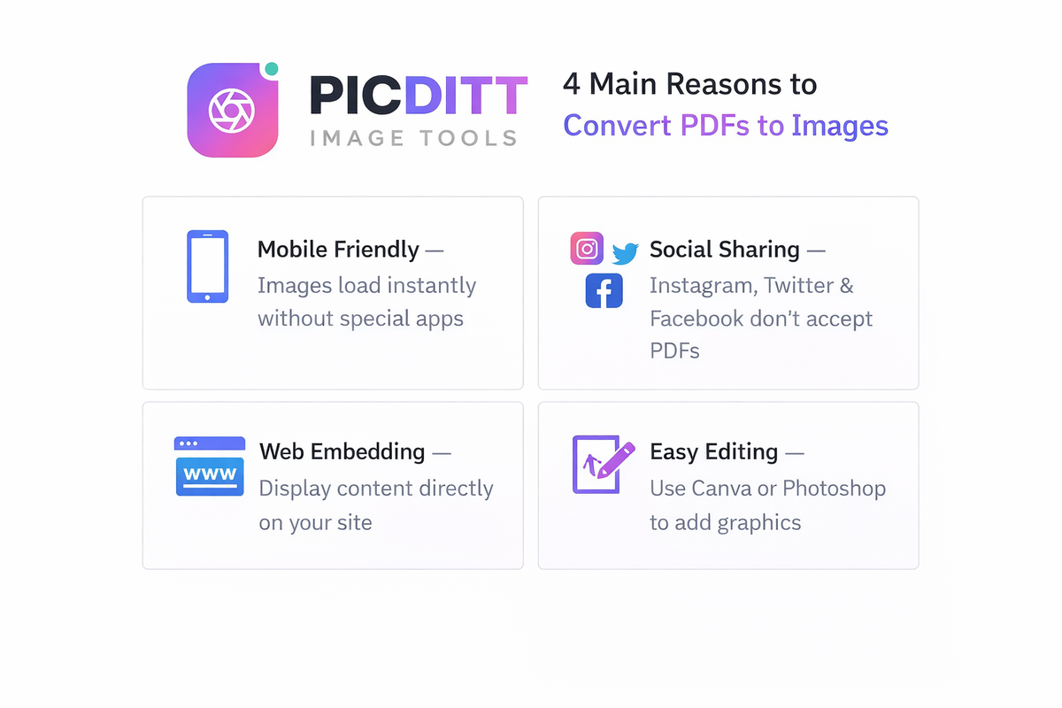 Infographic showing four reasons to convert PDF to image including mobile friendliness social media sharing web embedding and easy editing