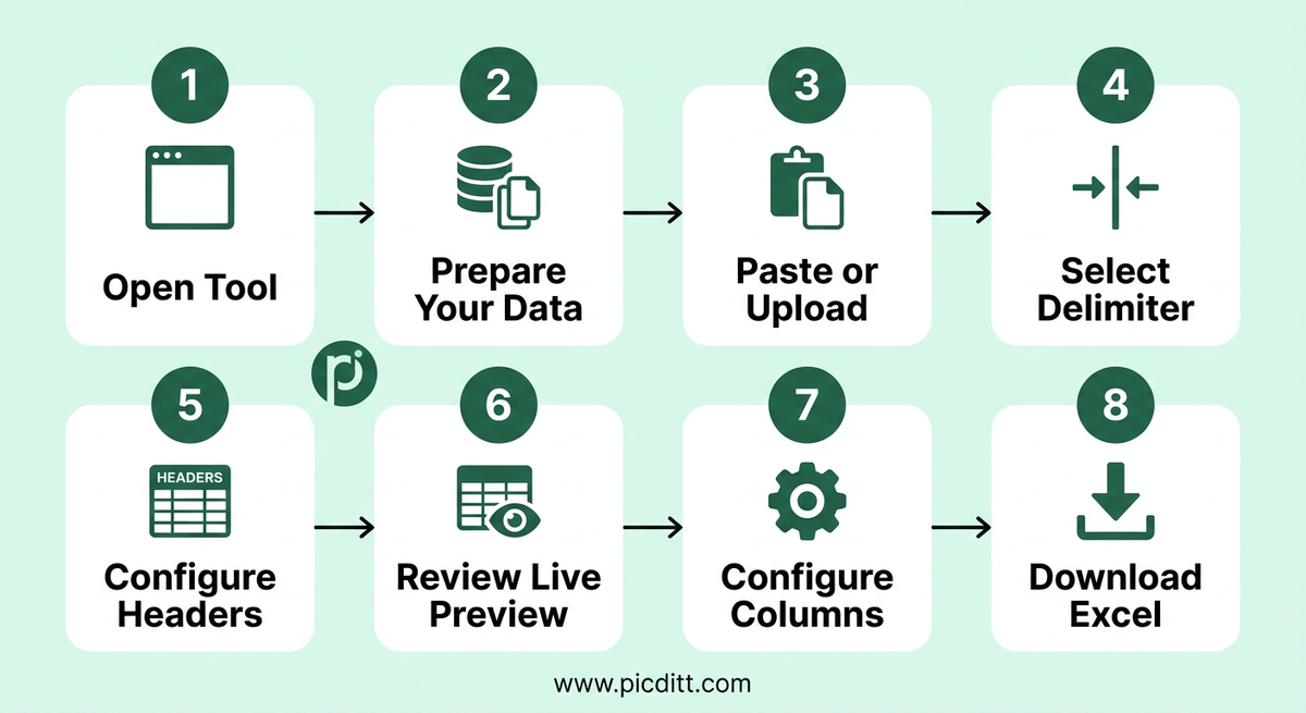 Eight step process flowchart showing how to convert text to Excel from opening the tool through pasting data selecting delimiter configuring headers reviewing preview and downloading XLSX