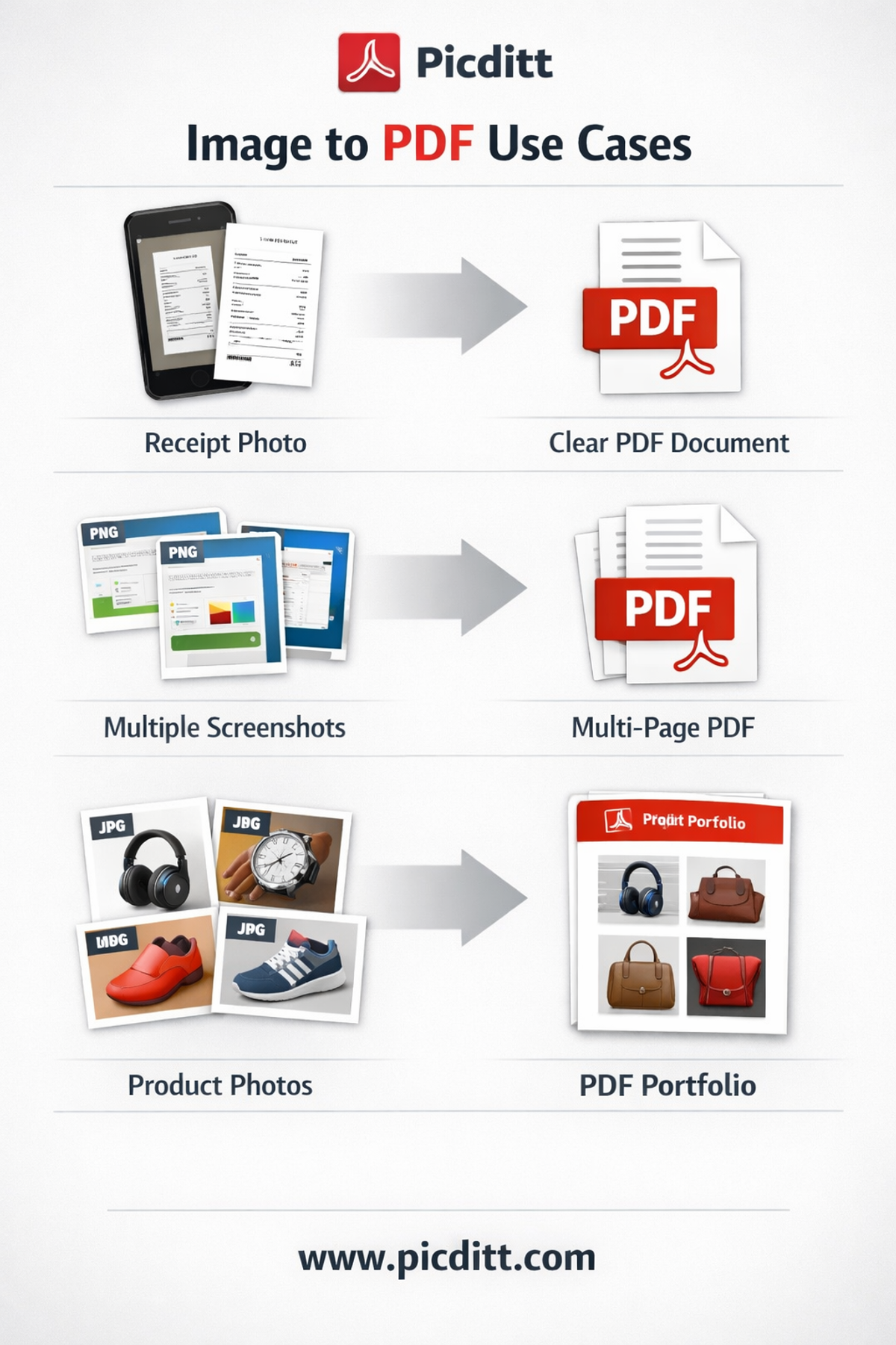 Three image to PDF conversion use cases showing a receipt photo becoming a PDF multiple screenshots combining into a PDF and product photos assembled into a PDF portfolio