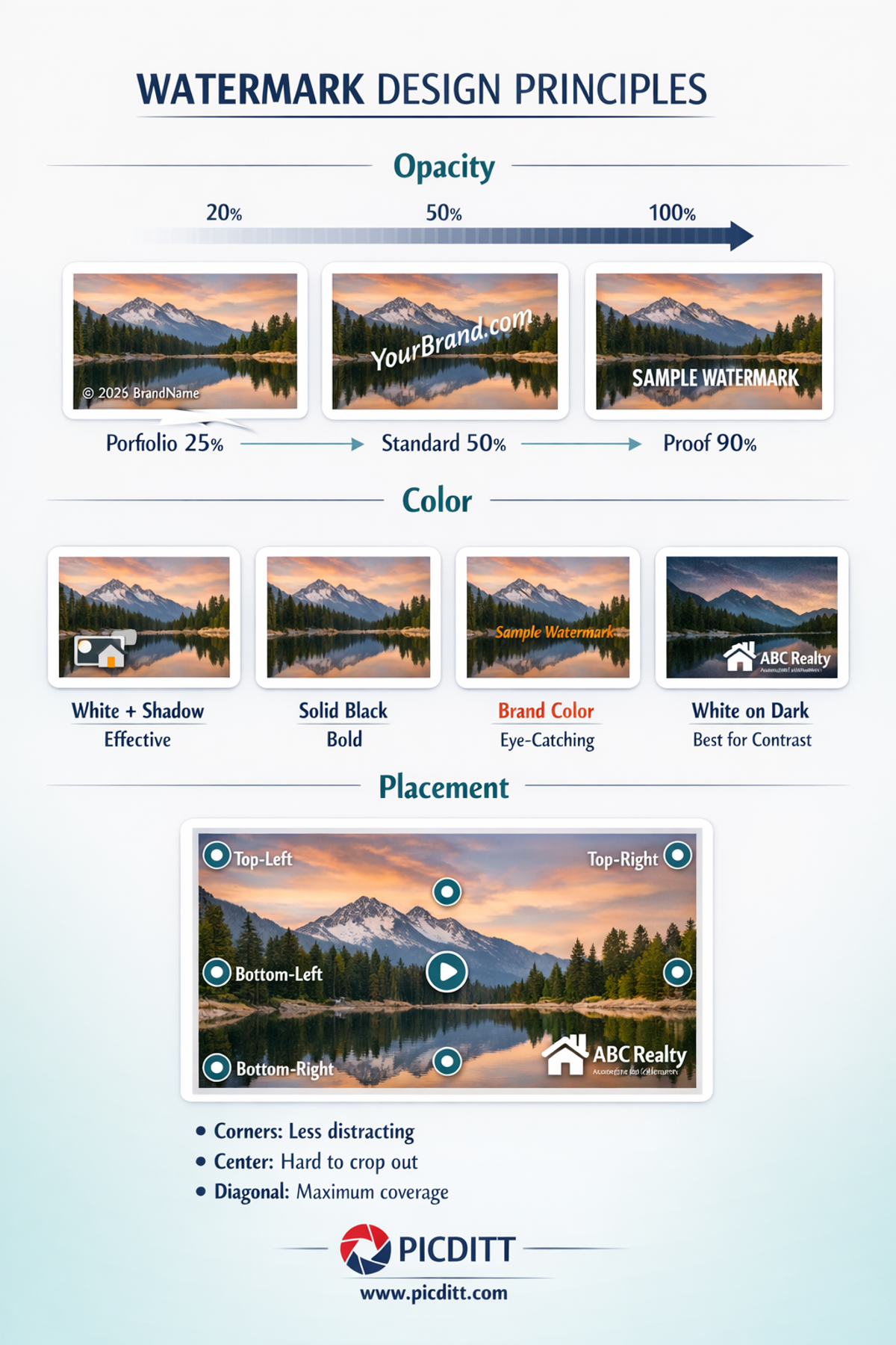 Watermark design guide showing opacity levels color strategy and placement options for professional looking photo watermarks across different use cases