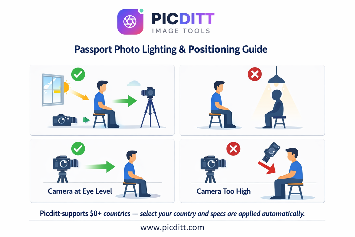 Four diagram panels showing correct and incorrect lighting and positioning setups for taking passport photos at home