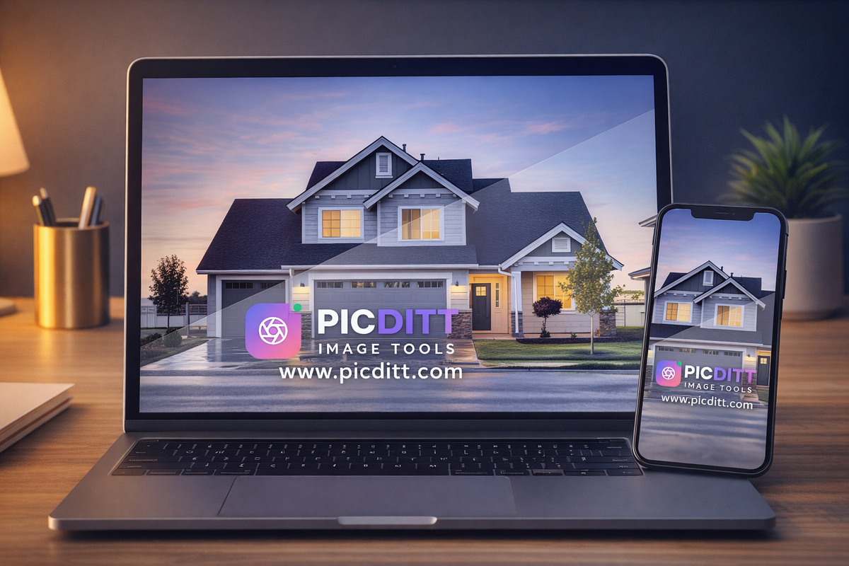 Split screen showing an unprotected real estate photo being stolen versus a watermarked property photo that is protected with agency branding
