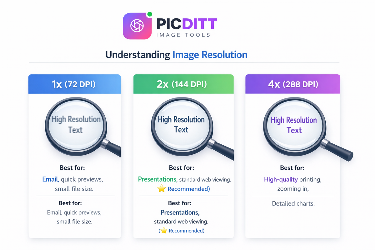 Infographic explaining PDF to image resolution scaling showing the difference in sharpness between 1x 2x and 4x scale settings