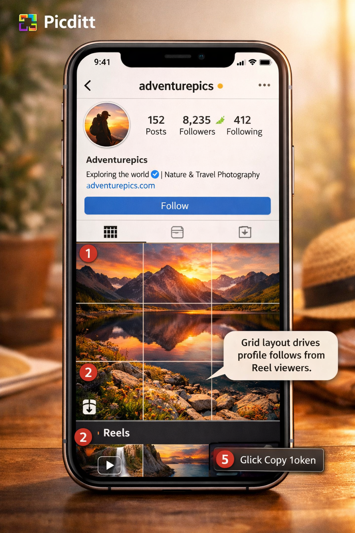 Instagram profile mockup showing a beautiful 3x3 grid layout that converts Reel viewers into followers with a cohesive branded visual profile design