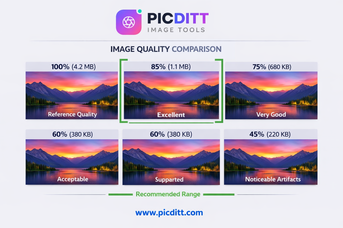 Quality comparison grid showing the same image compressed at five different quality levels from 100 percent to 45 percent with file sizes and visible quality differences at each level