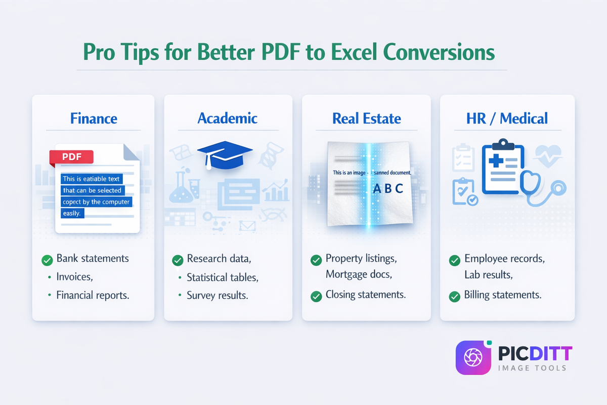 Infographic showing four pro tips for better PDF to Excel conversions including using high quality files splitting large documents checking table boundaries and verifying critical data