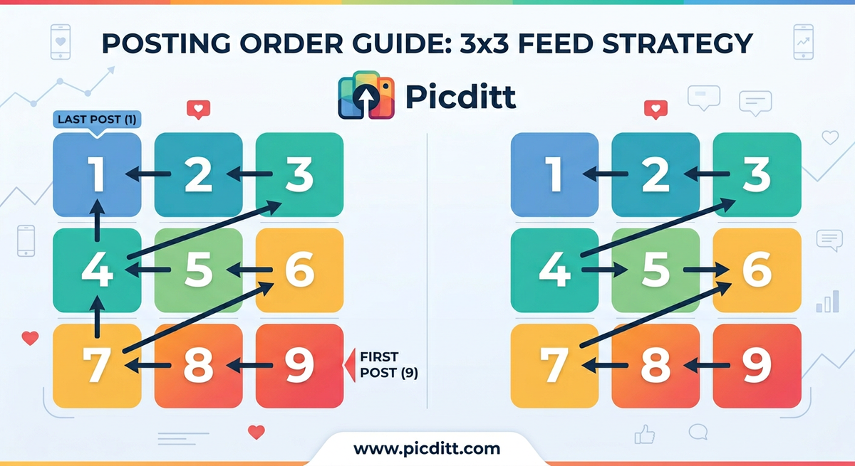 3x3 Instagram grid posting order diagram showing tiles numbered 1 to 9 with arrows indicating reverse posting sequence
