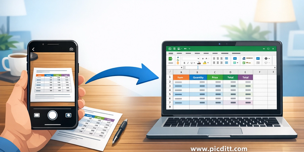 Photo of a printed table being converted into a clean editable Excel spreadsheet using free AI OCR technology on a laptop screen