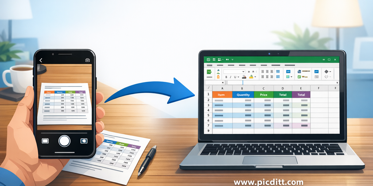 Photo of a printed table being converted into a clean editable Excel spreadsheet using free AI OCR technology on a laptop screen