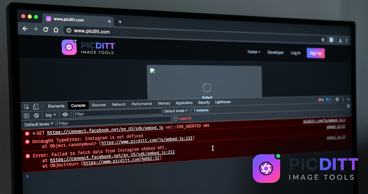 Browser developer console showing JavaScript errors related to Instagram embed.js script