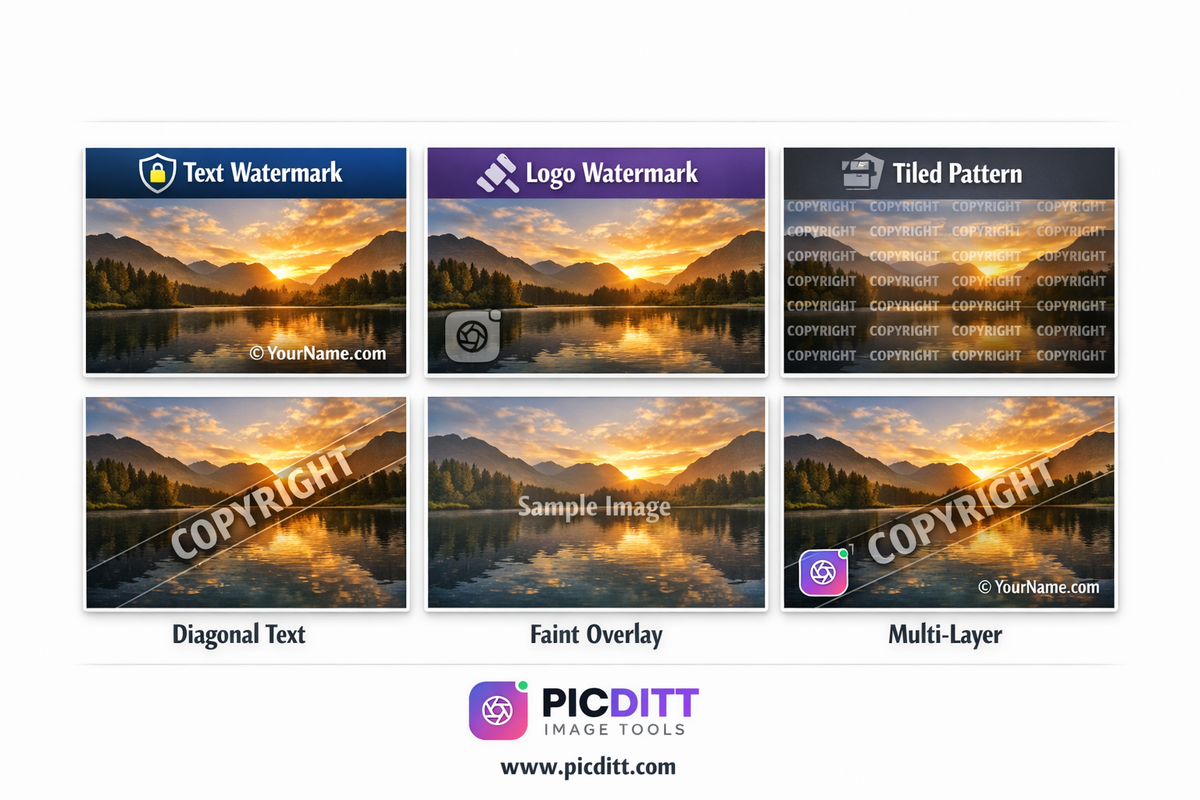 Six watermark types applied to a landscape photograph showing text logo tiled pattern diagonal transparent overlay and multi-layer combination watermarks
