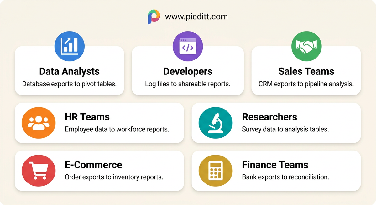 Use case grid showing seven professional roles that use text to Excel conversion including data analysts developers sales teams HR researchers e-commerce and finance professionals