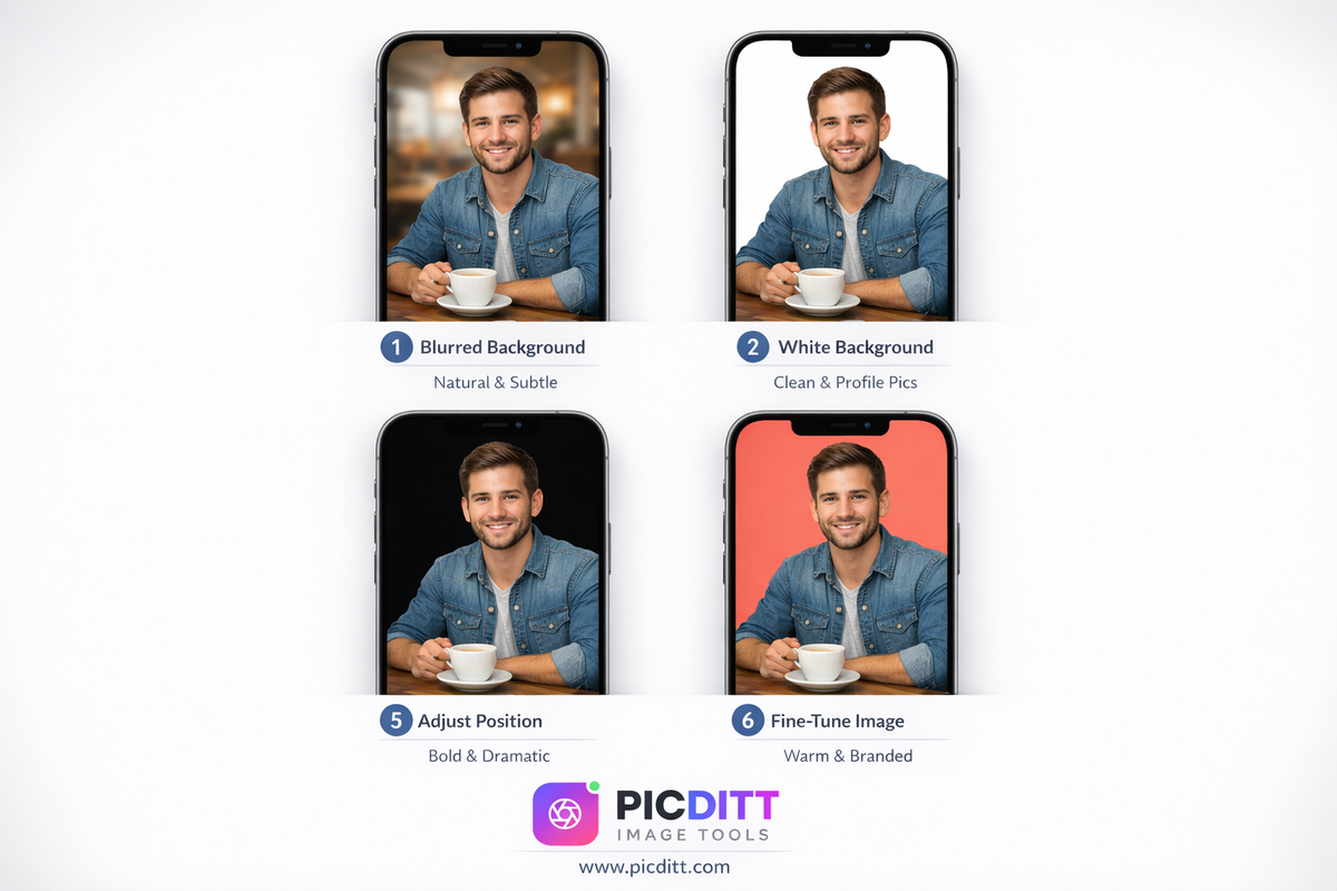 Four Instagram post examples showing the same portrait photo with blurred, white, black, and brand color backgrounds applied