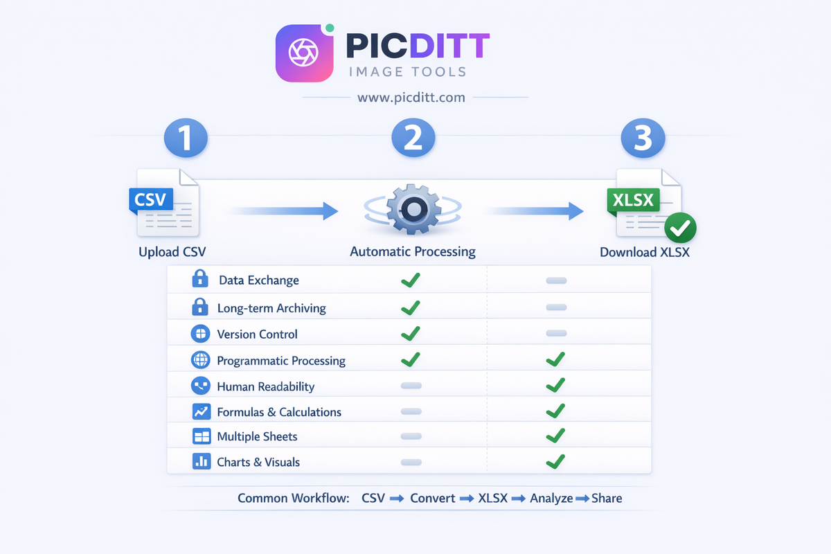Comparison infographic showing when to use CSV versus XLSX format across eight different use cases including data exchange archiving formulas and visualization