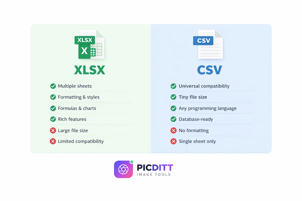 Comparison infographic showing differences between XLSX and CSV formats including features file size compatibility and limitations 