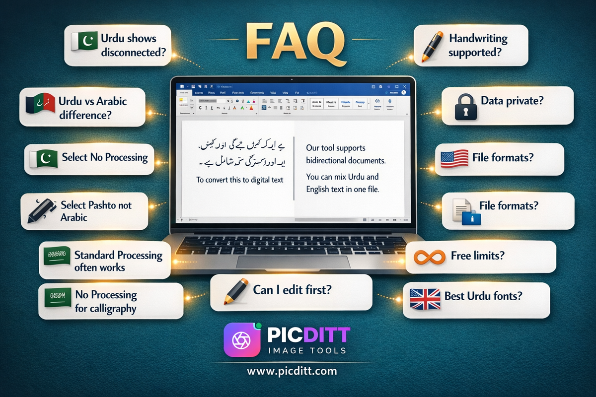 Multilingual FAQ illustration showing a laptop with Urdu and English Word document surrounded by floating question cards in multiple languages about OCR accuracy privacy editing and language support