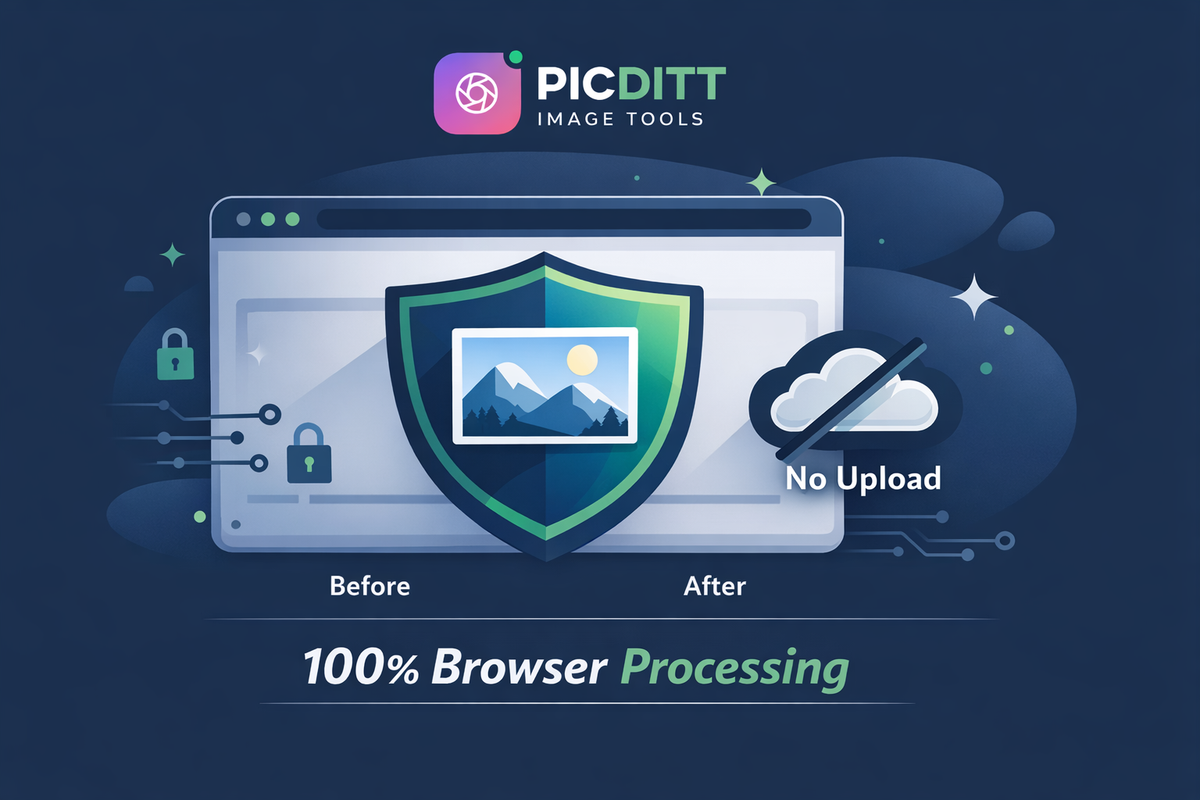 Privacy illustration showing photo blurring processed locally in the browser with no upload