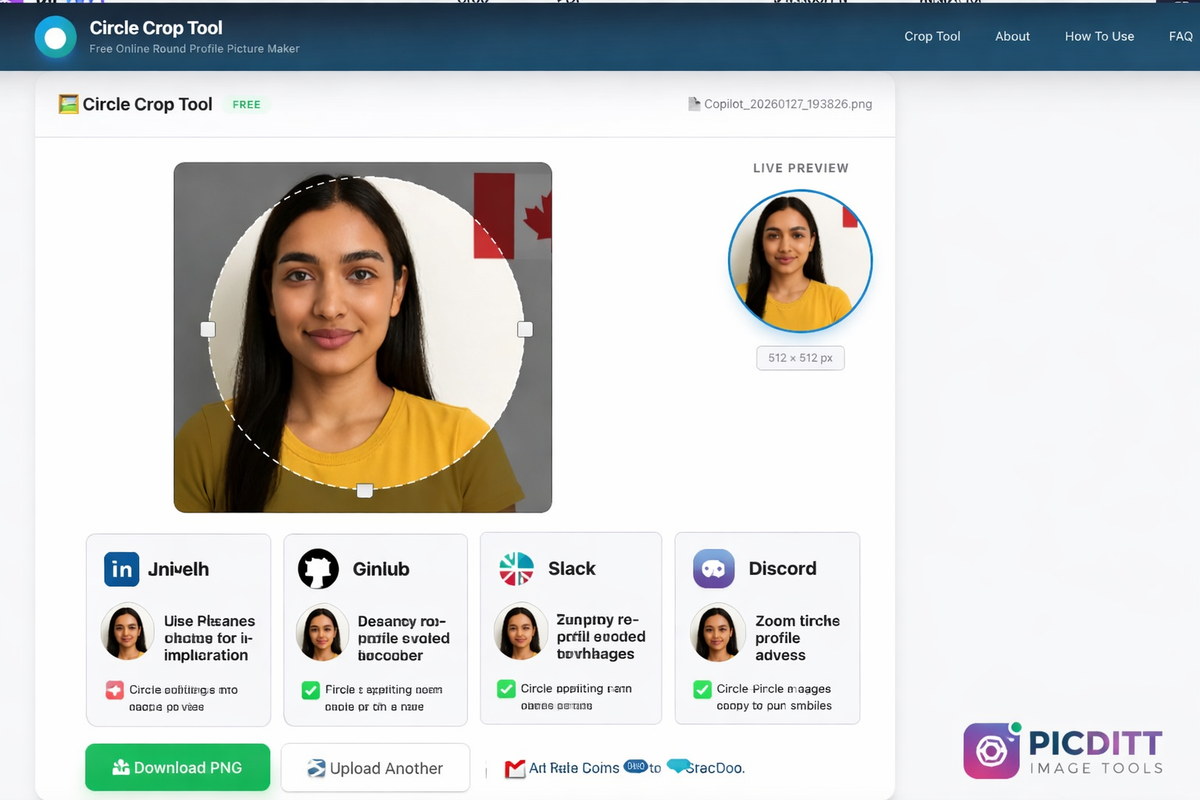 Picditt circle crop tool showing photo being positioned and zoomed inside circular frame with real-time preview and zoom slider controls