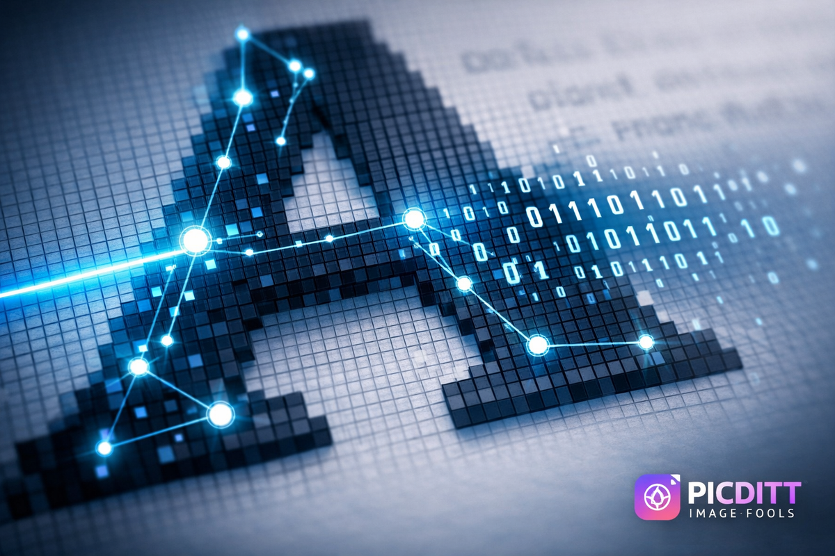 Close-up technical illustration of an AI neural network analyzing the pixel structure of a printed letter