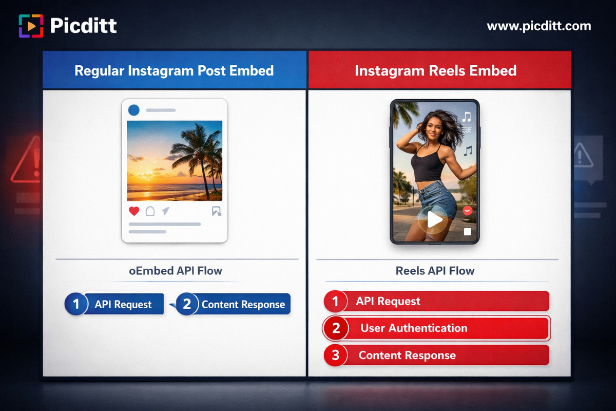Comparison diagram showing the difference between regular Instagram post embed flow and the more complex Instagram Reels embed flow with additional authentication requirements